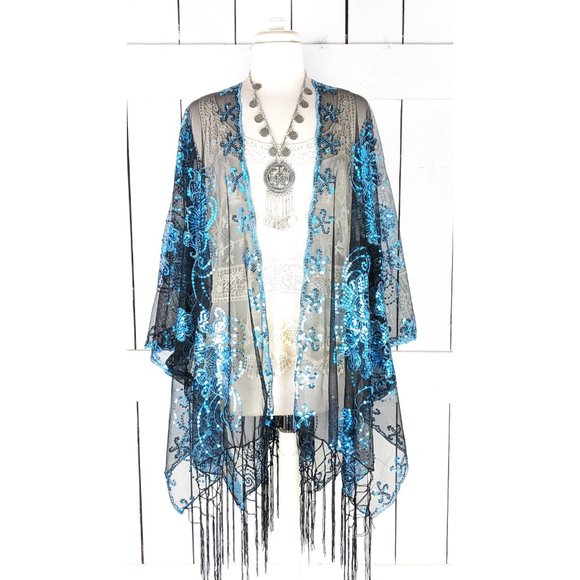Blue black floral sequin sheer kimono cover up jacket - Picture 2 of 5